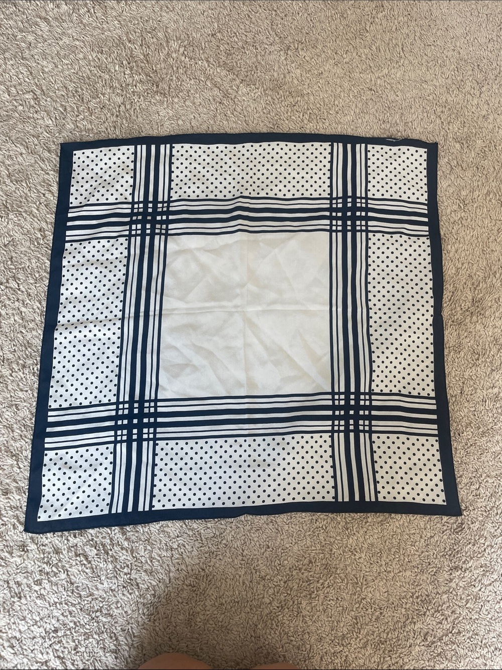 Navy and White Polka Dot Plaid Silk Scarf
